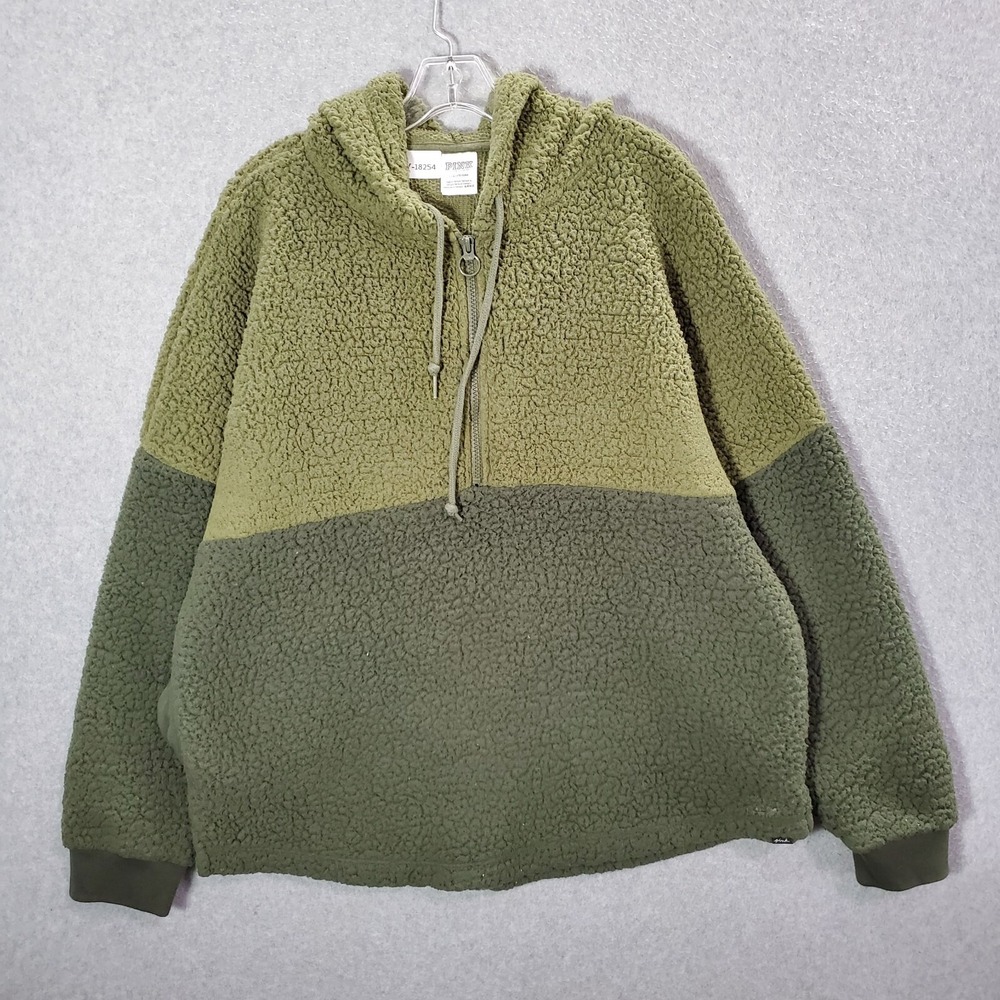 PINK Victoria's Secret Women‎ Sweatshirt Large Green Sherpa 1/2 Zip Hoodie Teddy